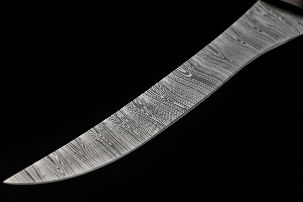 Close up macro shot of Damascus steel fillet knife blade showing layered Damascus pattern with wavy grain and flexible curved blade detail