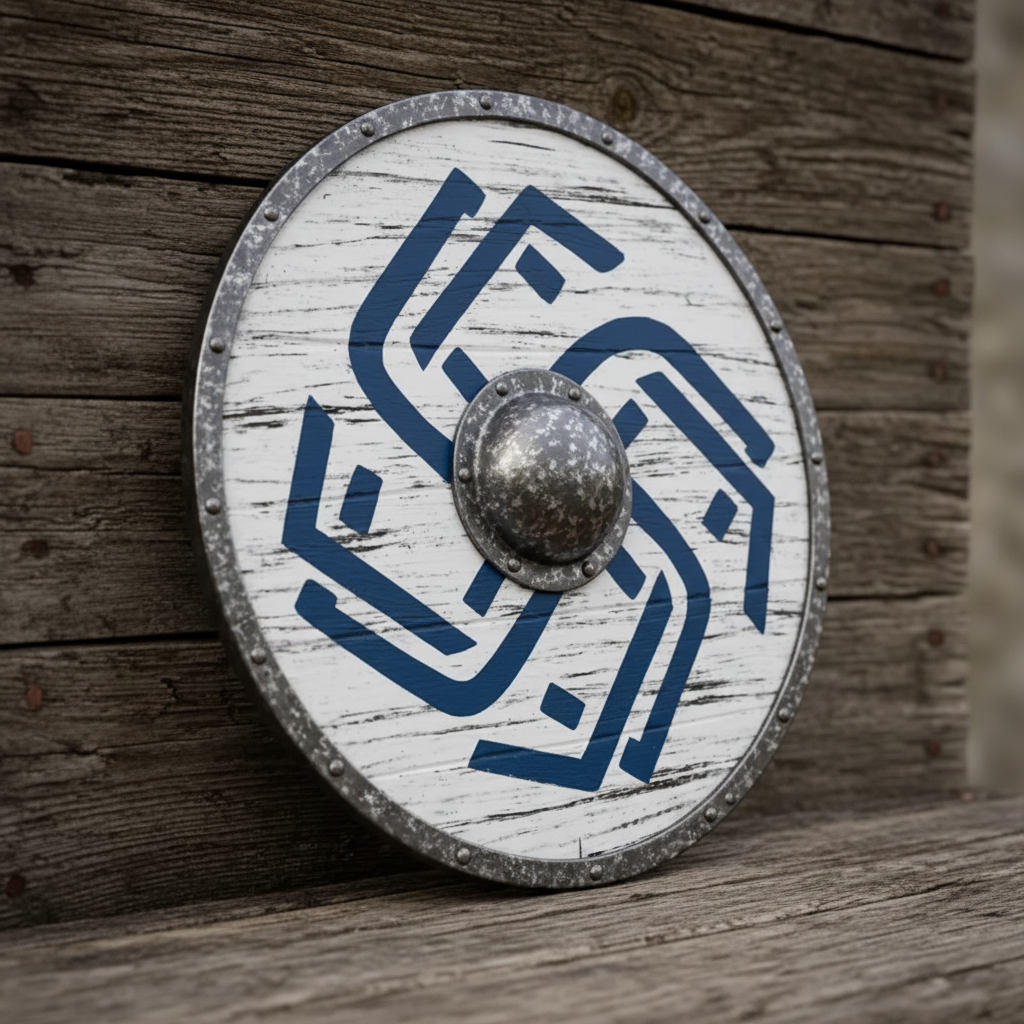 Angled handcrafted Viking shield with distressed white wood, blue design, metal rim, and raised boss