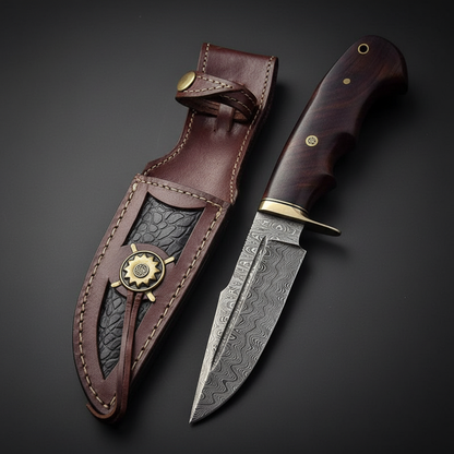 Hand forged Damascus hunting knife with walnut wood handle, dark charcoal studio background, right facing