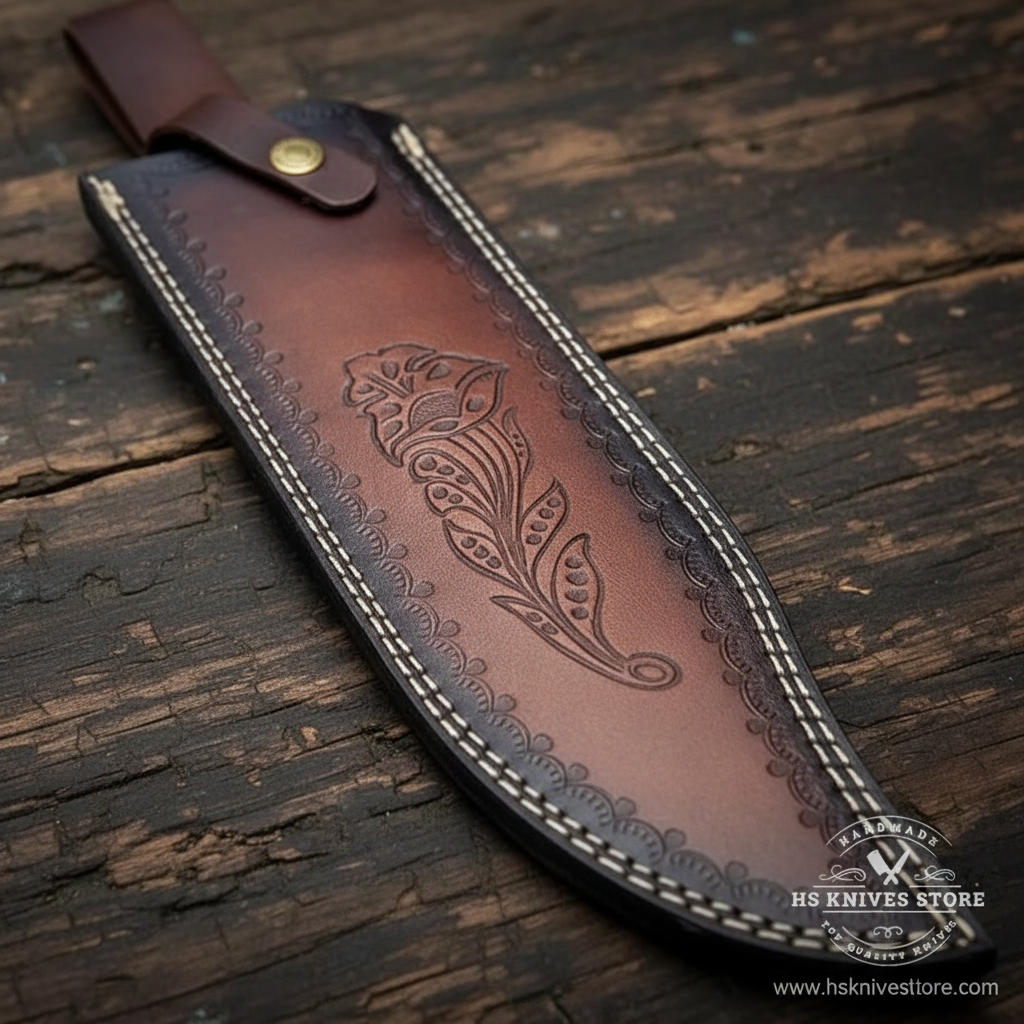 Close-up macro of dark chocolate brown leather sheath with floral botanical embossed tooling and white cream stitching and brass snap concho