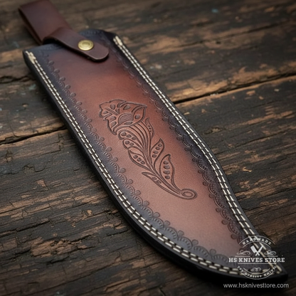 Close-up macro of dark chocolate brown leather sheath with floral botanical embossed tooling and white cream stitching and brass snap concho
