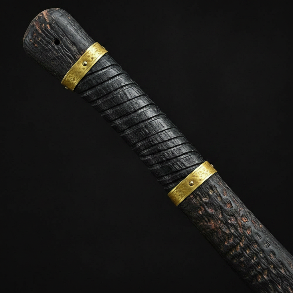Close-up macro of leather wrapped Viking axe handle with brass collar rings detail