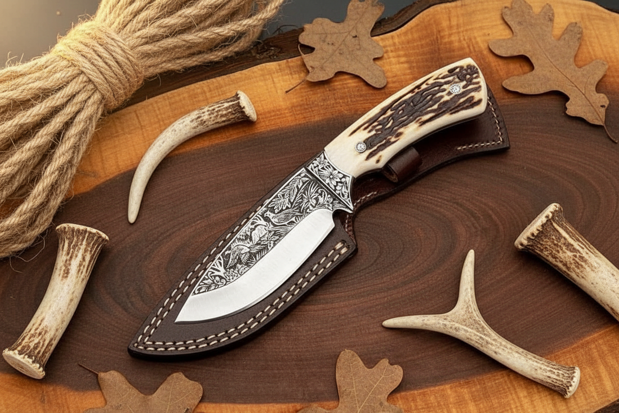Engraved D2 skinner knife with stag crown handle and leather sheath flat lay on rustic dark wood with rope and antler accessories