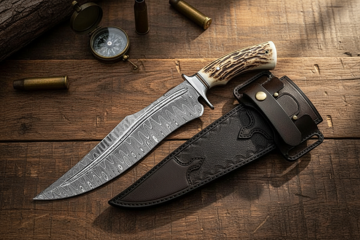 Handmade Damascus Bowie knife with leather sheath on rustic wood hunting lifestyle