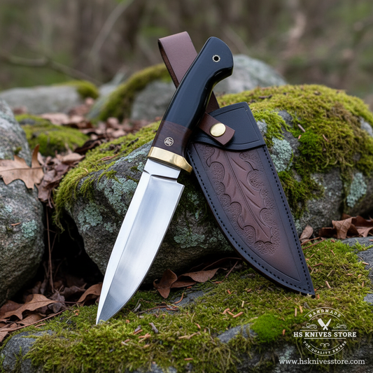 D2 steel hunting knife black G10 handle resting on mossy rocks in outdoor forest setting with dark brown leather sheath clean blade no shadow