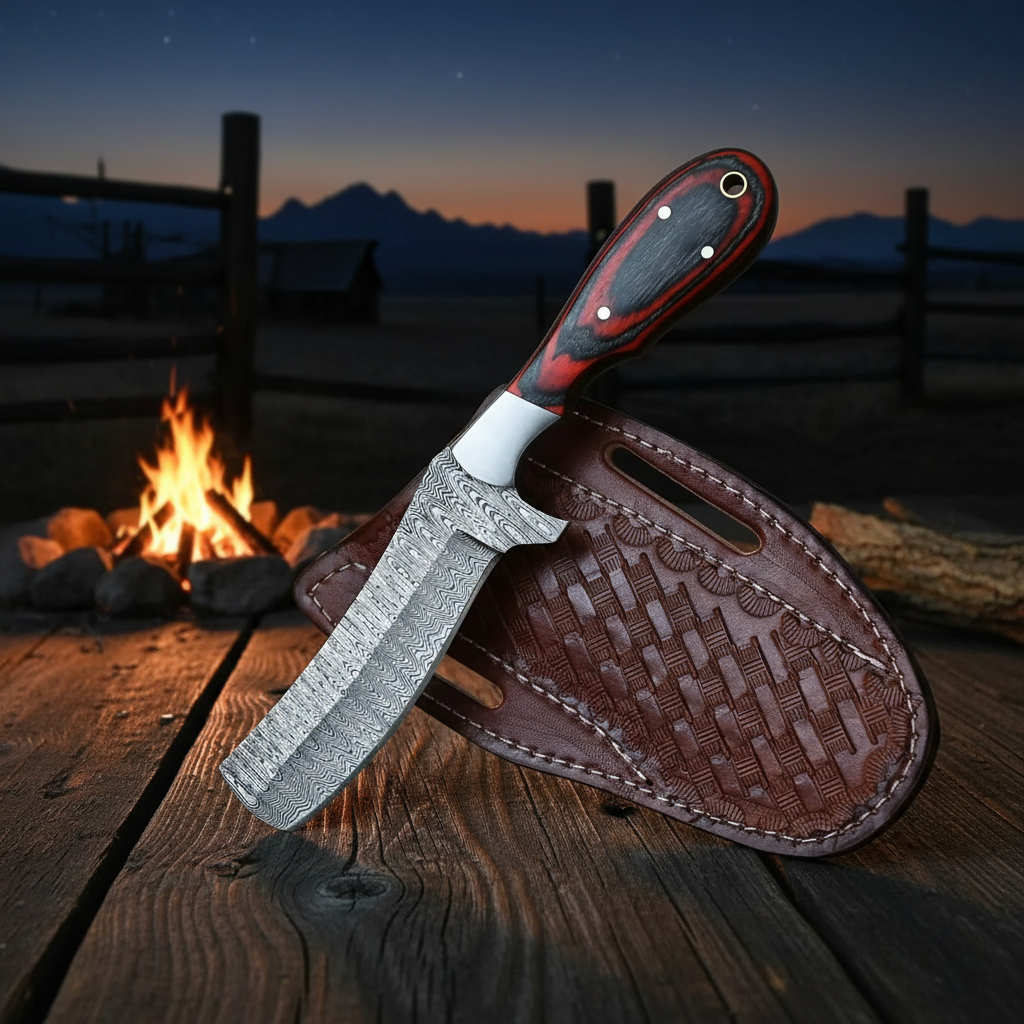 Reverse view of a 7-inch Damascus bull cutter with hardwood handle near a western campfire