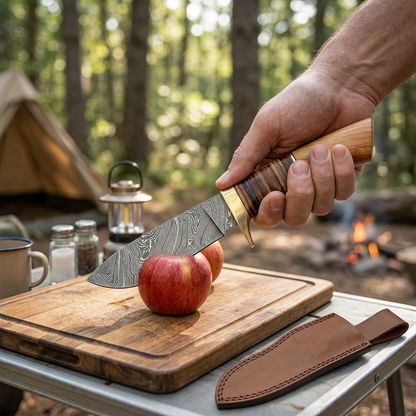 Adult preparing an apple with the Damascus knife on a campsite cutting board