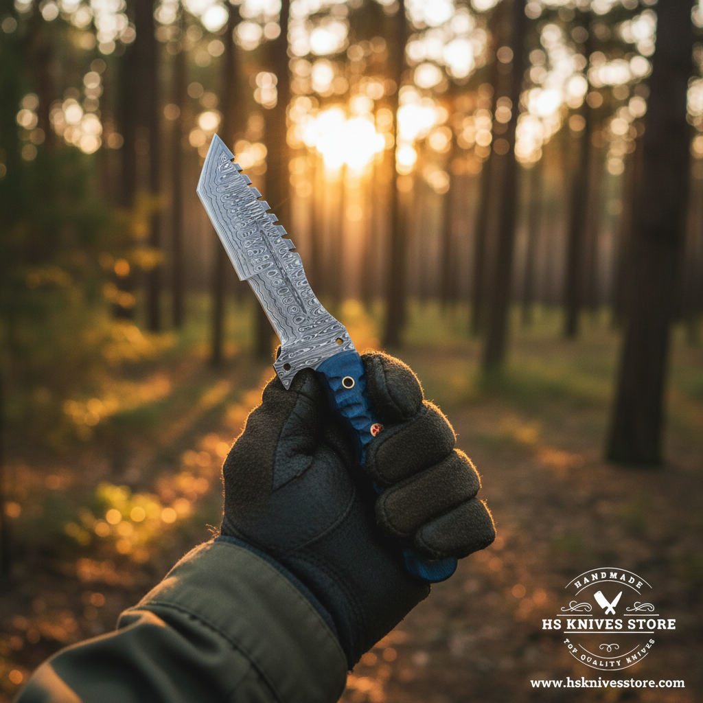 One hand gripping Damascus tracker knife with blue pakkawood handle in outdoor forest golden hour lifestyle photography shot