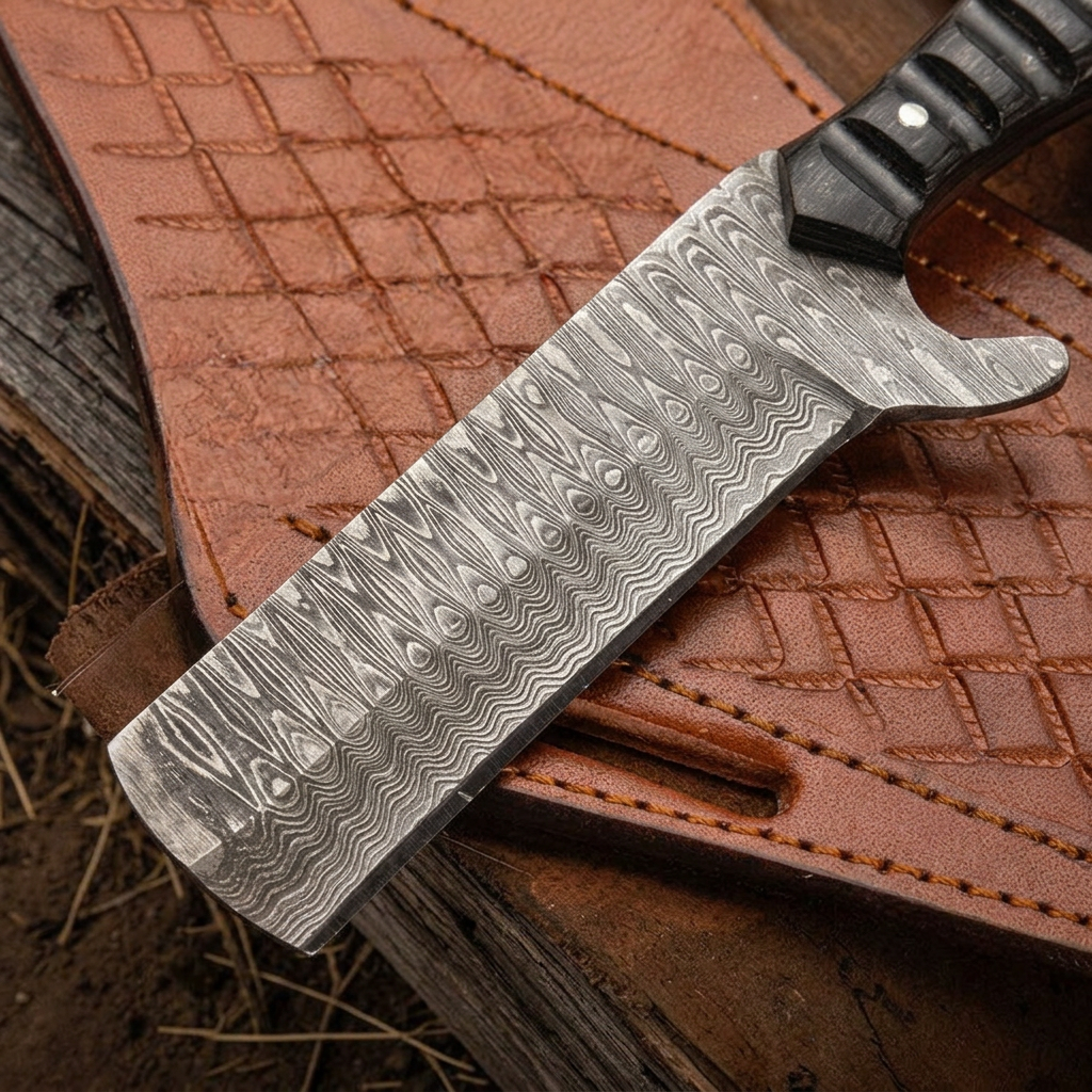 Macro detail of layered Damascus steel patterns on the broad Bull Cutter blade