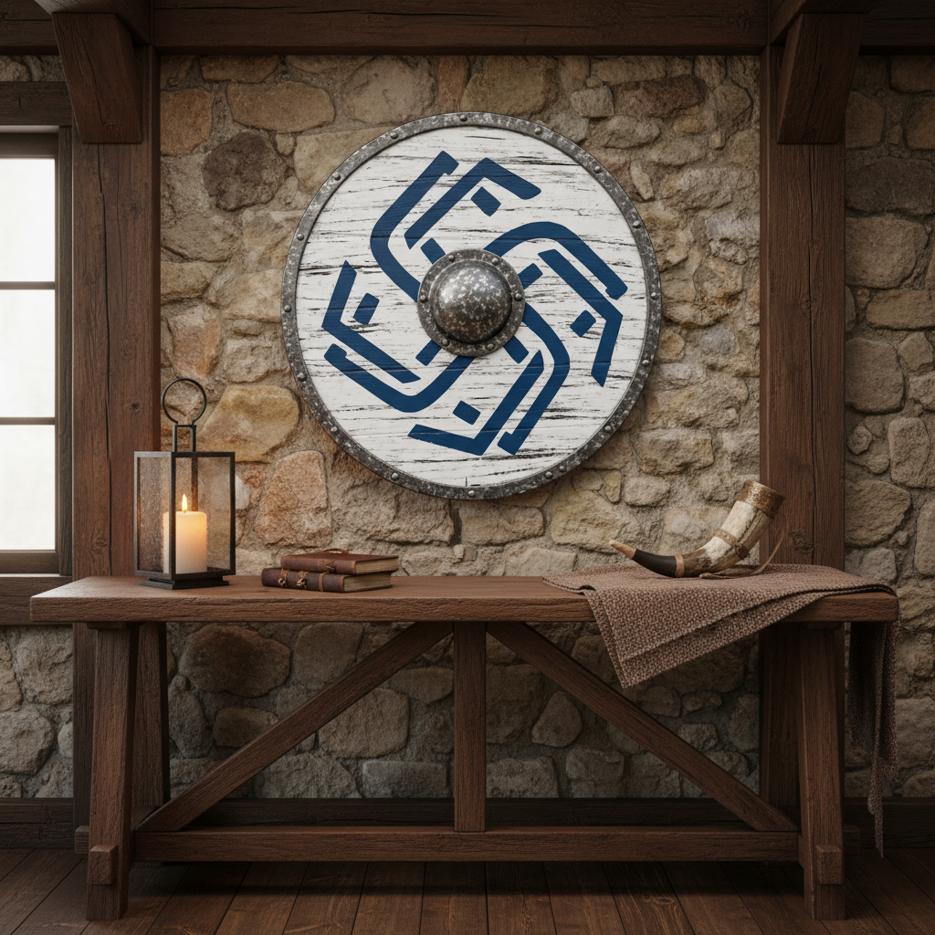 Handcrafted white and blue Viking shield displayed above a rustic console in a warm themed room