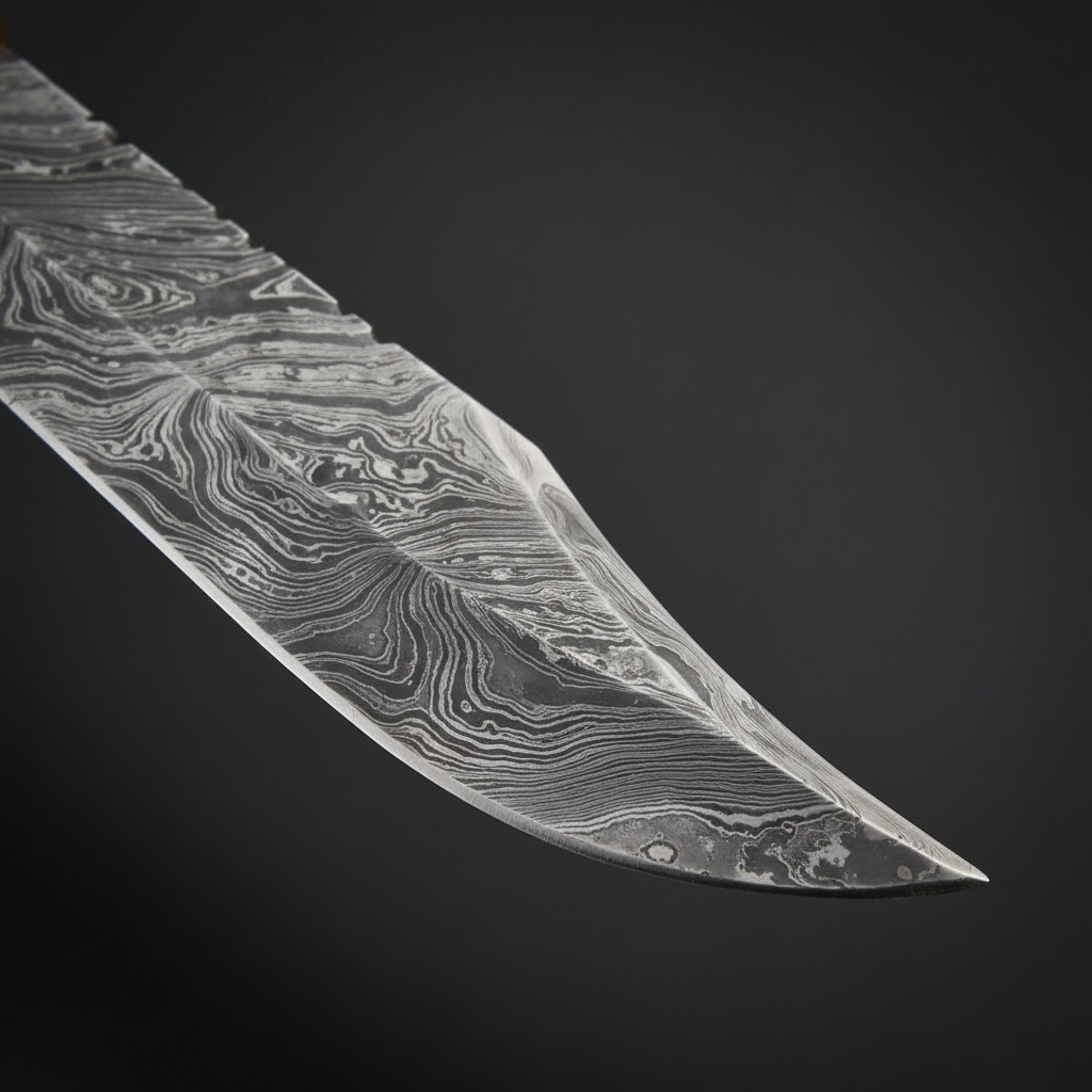 Damascus steel blade close-up showing natural layered folded pattern and sharp clip point edge
