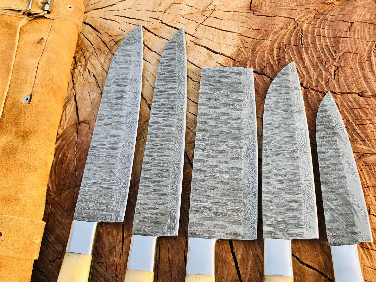 HS-152 Custom handmade Damascus 5 pecs chef set’ kitchen knives ‘ git for him ‘ gift for Dad ‘camel bone handle