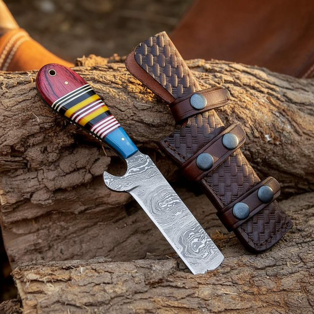 Handmade Damascus steel cowboy bull cutter hunting knife with resin handle in a western ranch setting