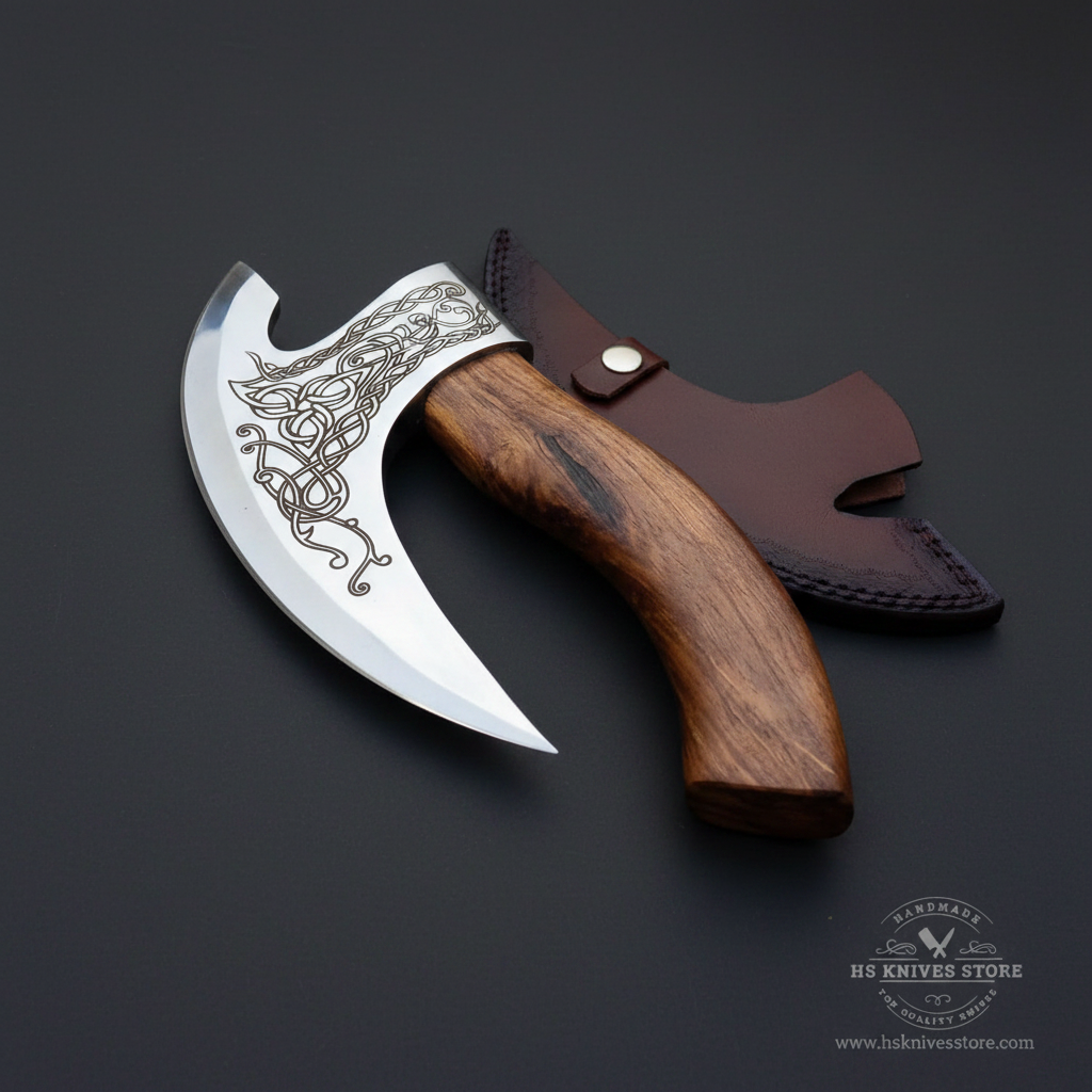 Viking pizza axe Celtic etched blade walnut handle dark burgundy leather sheath dark charcoal studio background mirror