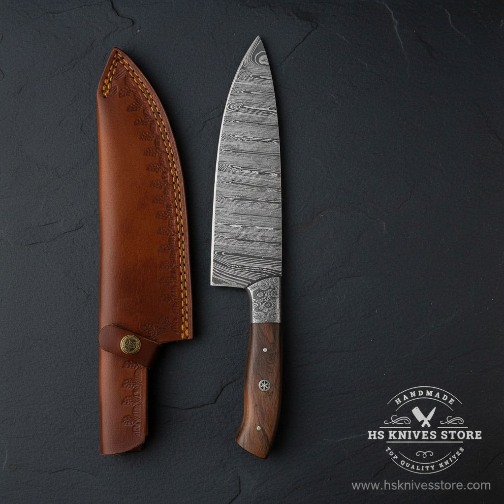 Damascus steel chef knife vertical luxury slate background dark moody studio photography