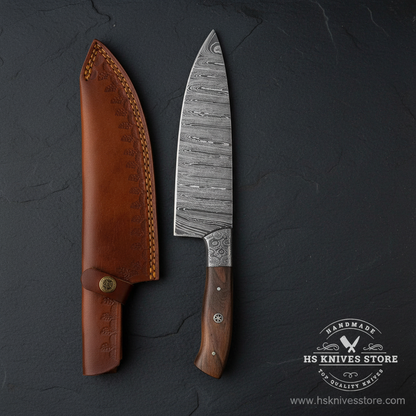 Damascus steel chef knife vertical luxury slate background dark moody studio photography