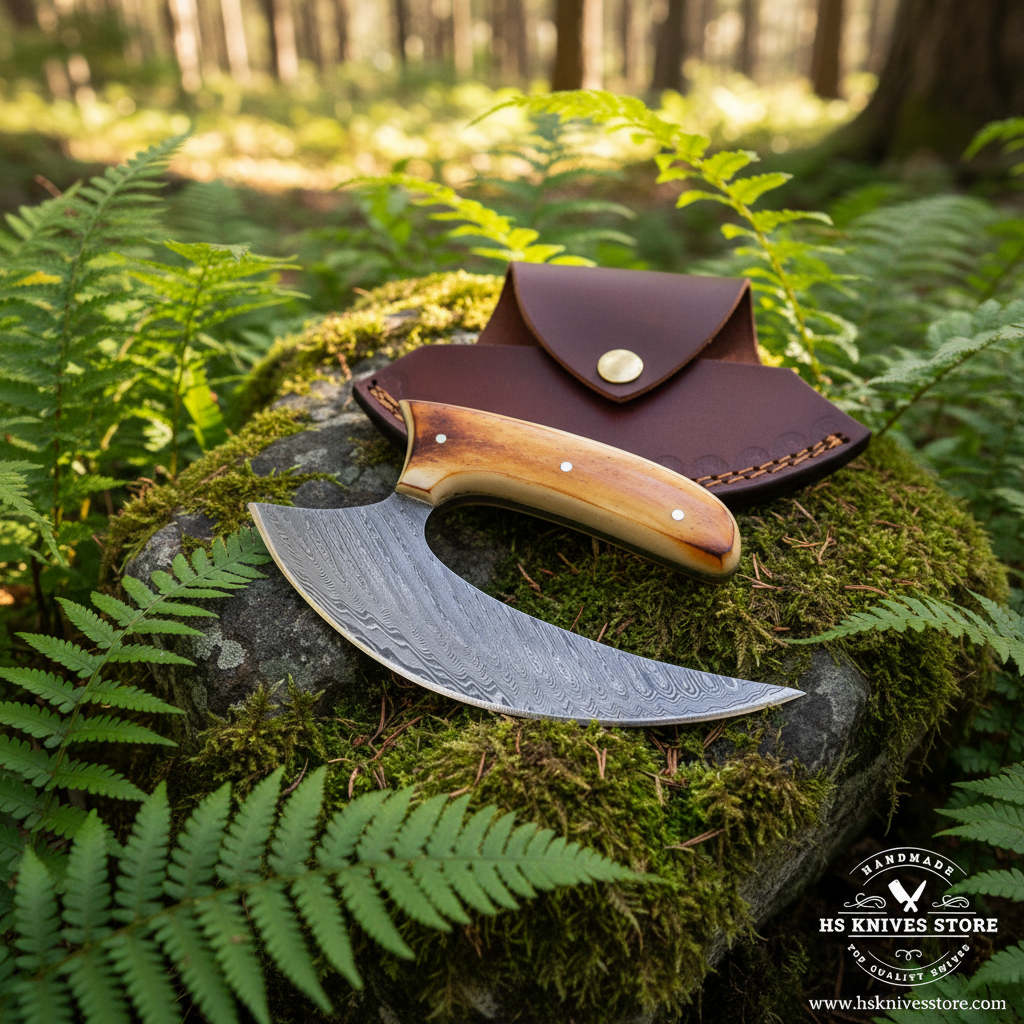 Damascus ulu knife with amber bone handle and burgundy crescent leather sheath on mossy rocks in outdoor forest setting