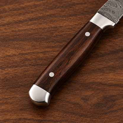 Close-up of brown wooden steak knife handle with two silver-tone pins and metal end cap