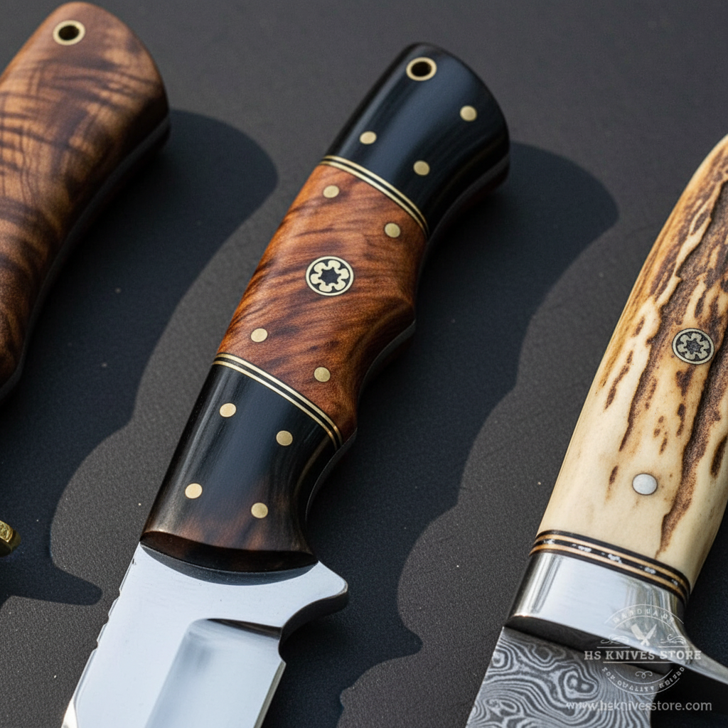 Close-up macro of three different knife handles burl walnut brass bolster two-tone micarta and natural stag antler silver bolster