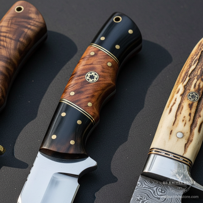 Close-up macro of three different knife handles burl walnut brass bolster two-tone micarta and natural stag antler silver bolster