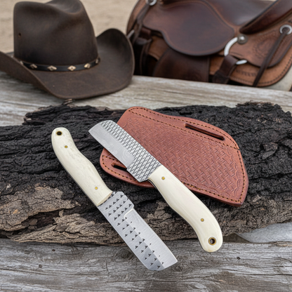 Front view of the same two Rasp Tool Steel Bull Cutter Knives with bone handles and matching leather sheath on a cowboy ranch table
