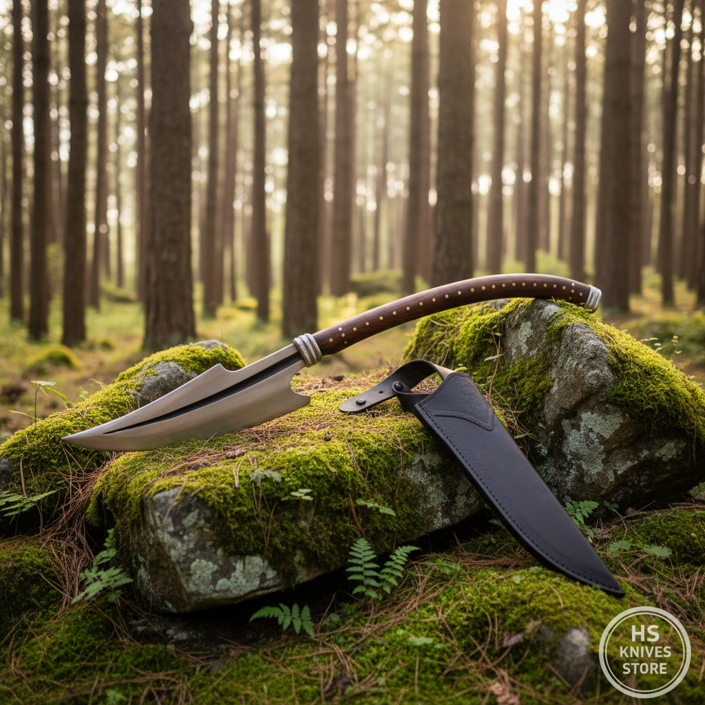 Curved fantasy Naga collector spear and leather sheath arranged on mossy forest rocks