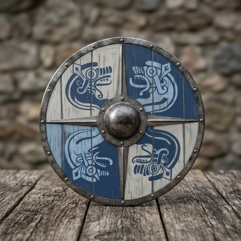 Round wooden Viking Raven Shield with blue and white distressed face displayed on a rustic timber table