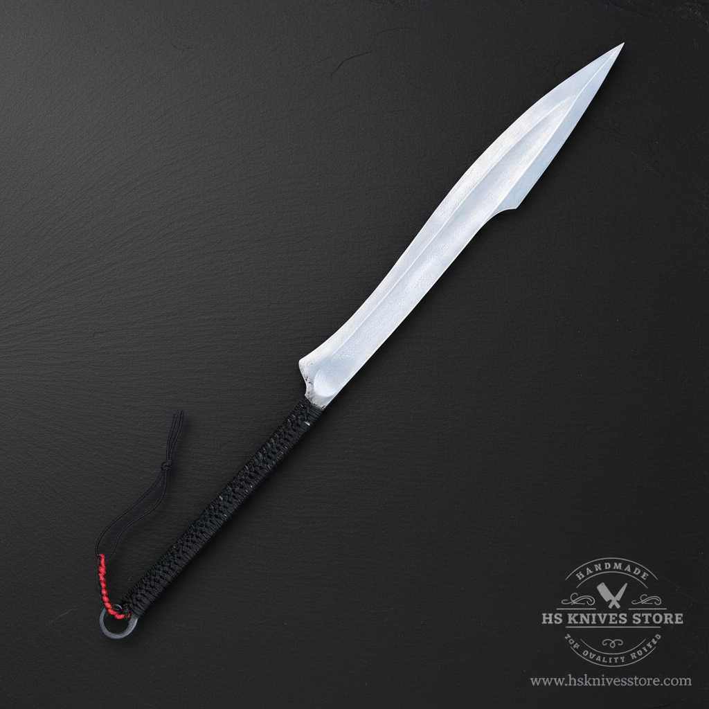 Single Naginata style sword with satin leaf blade and black paracord handle on a dark luxury background