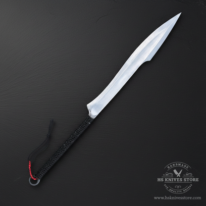 Single Naginata style sword with satin leaf blade and black paracord handle on a dark luxury background