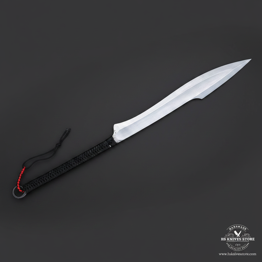 Opposite-facing single Naginata style sword with leaf-shaped high carbon blade and paracord handle