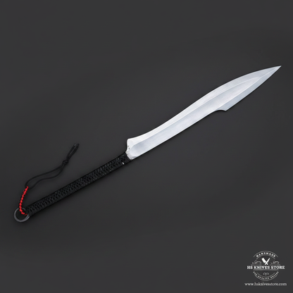 Opposite-facing single Naginata style sword with leaf-shaped high carbon blade and paracord handle