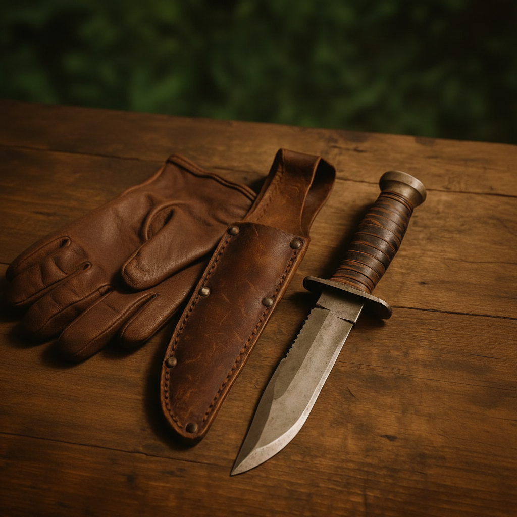1095 hunting knife stacked leather handle camp table outdoor lifestyle leather gloves