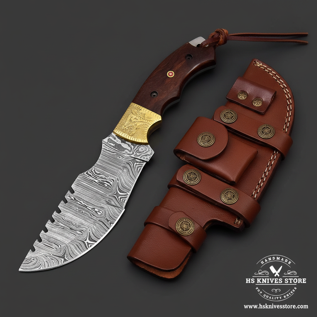 Damascus tracker knife with brass engraved bolster and wood handle and leather sheath mirror view on dark charcoal background