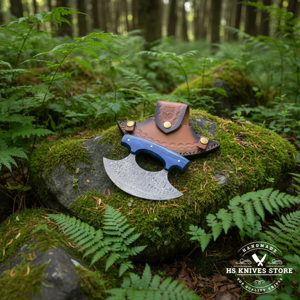 Damascus ulu knife with blue pakkawood handle and crescent leather sheath on mossy rocks in outdoor forest setting