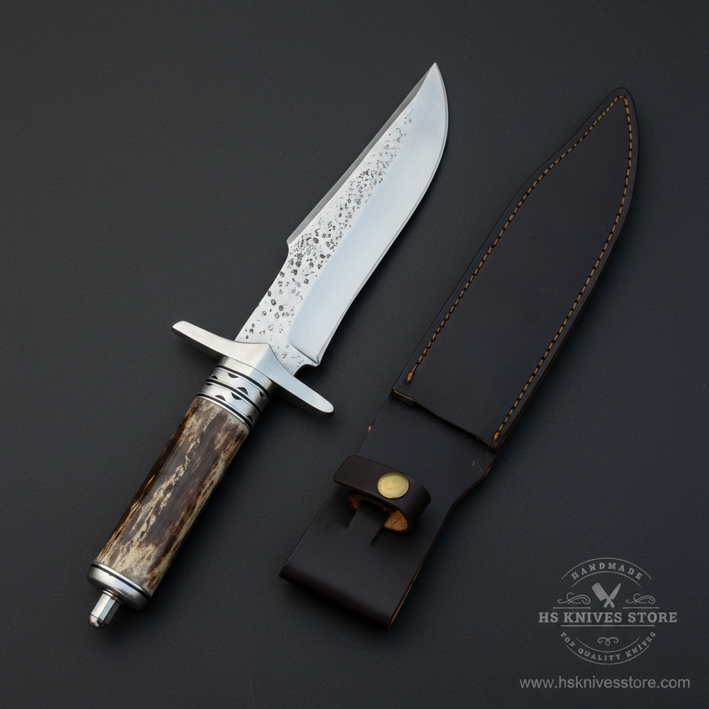 Stag antler handle Bowie knife hammered blade double crossguard dark black leather sheath dark charcoal studio mirror