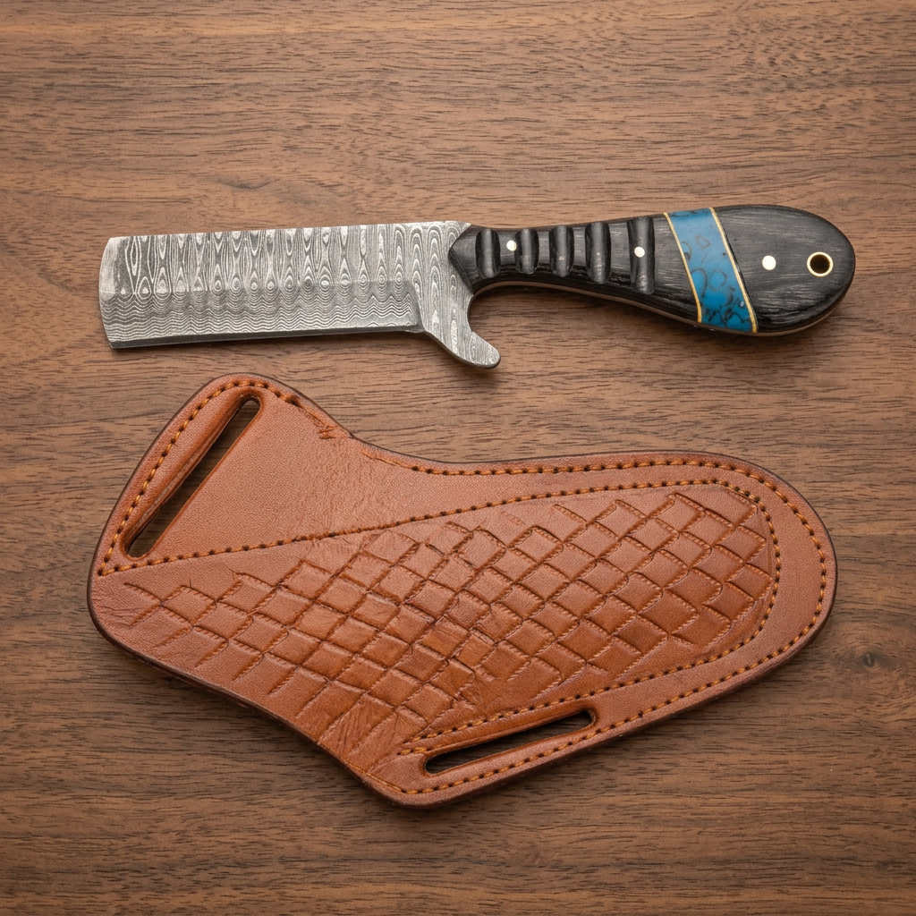 Front view of Damascus Cowboy Bull Cutter knife with dark Pakka Wood handle and tan cowhide pancake sheath