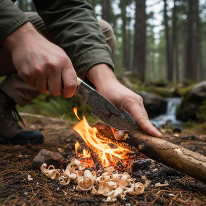 Hands using Damascus skinner knife for bushcraft wood carving beside campfire in forest