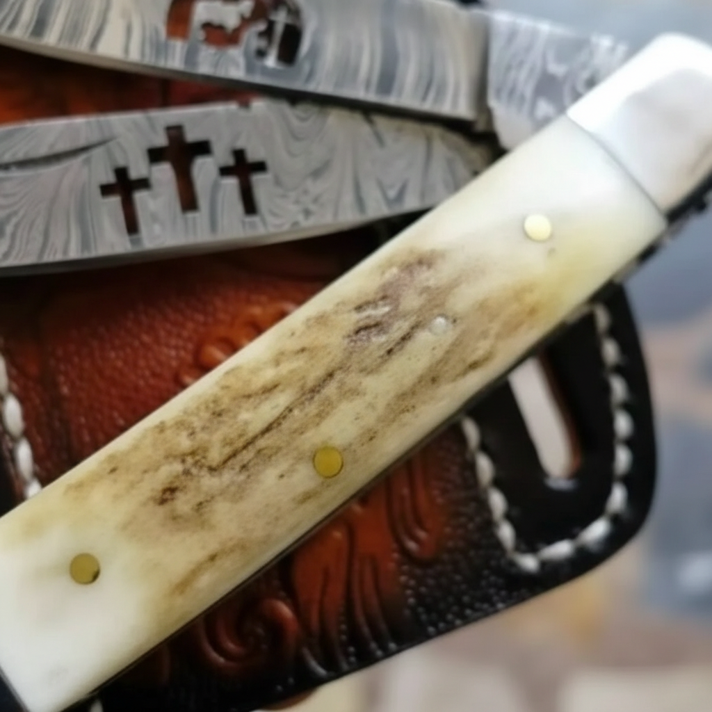 Extreme close up macro shot of stag bone handle on Damascus folding knife showing natural bone grain texture and brass pins