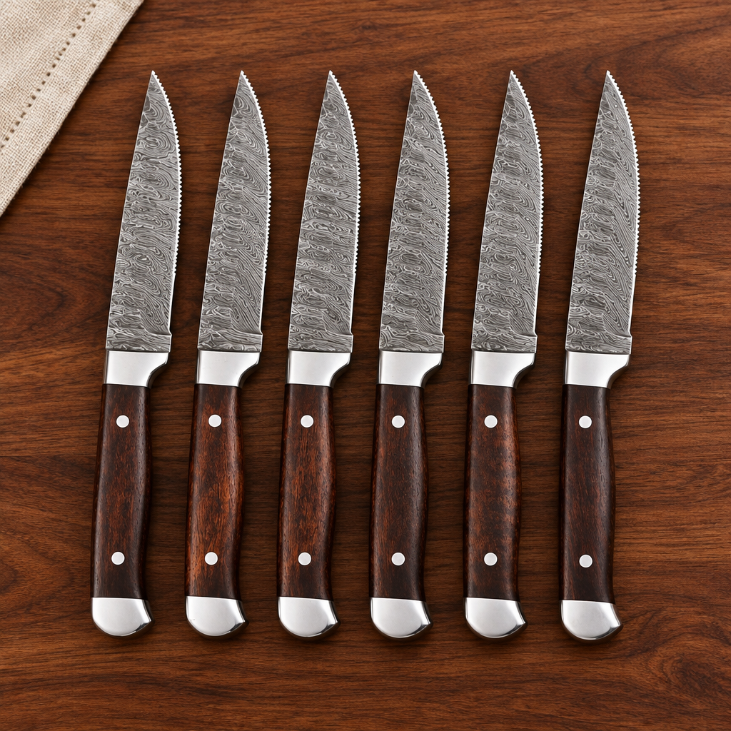 Front view of six Damascus steak knives with brown wood handles on a walnut dining table