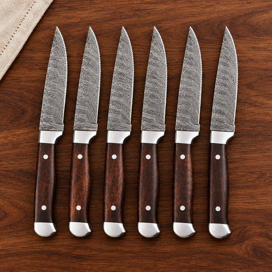 Front view of six Damascus steak knives with brown wood handles on a walnut dining table