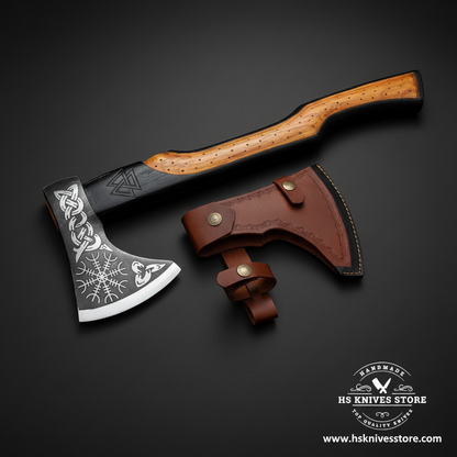 Viking Norse tomahawk axe with ash wood handle and leather axe mask mirror view on dark charcoal background