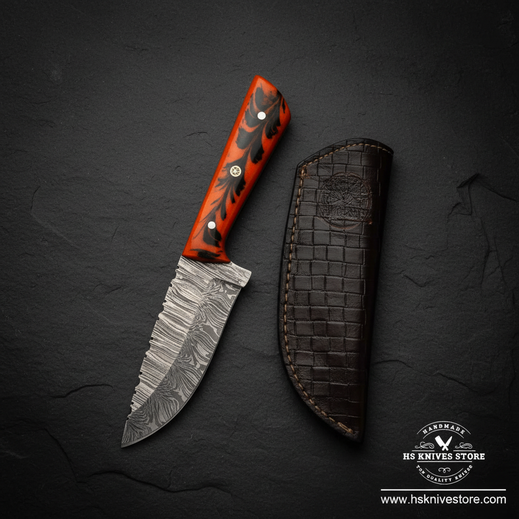 Damascus steel skinner knife displayed vertically on dark slate with orange resin handle and crocodile leather sheath