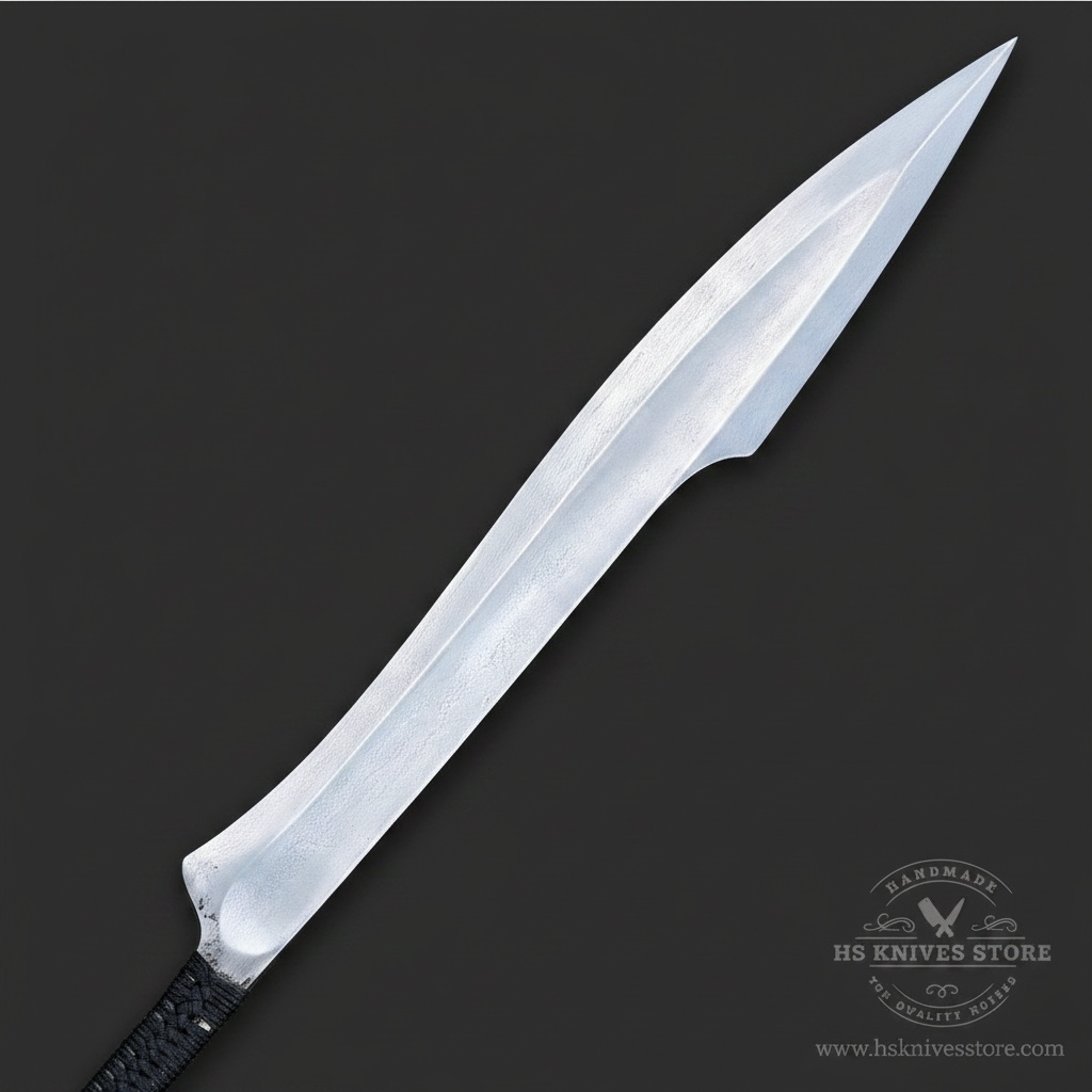 Close-up of the satin high carbon steel leaf-shaped blade and fuller on a Naginata style sword