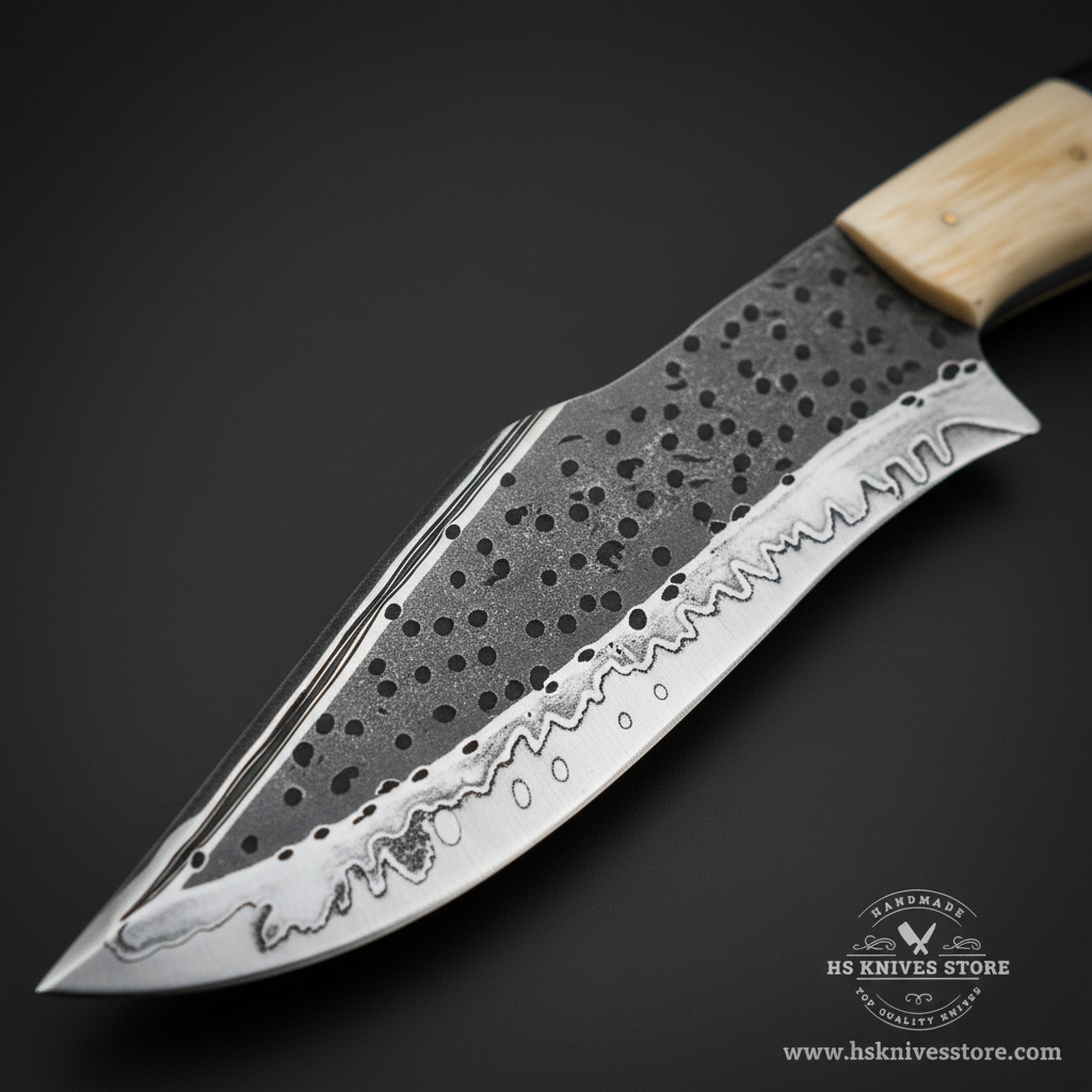 Close-up of carbon steel Bowie knife blade showing hand-etched dot and wavy line pattern with polished cutting edge