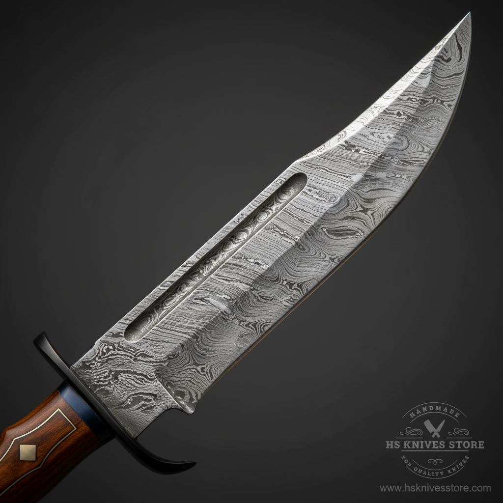 Close-up macro of Damascus steel Bowie blade showing bold flowing feather ladder Damascus pattern and long fuller groove and upswept clip