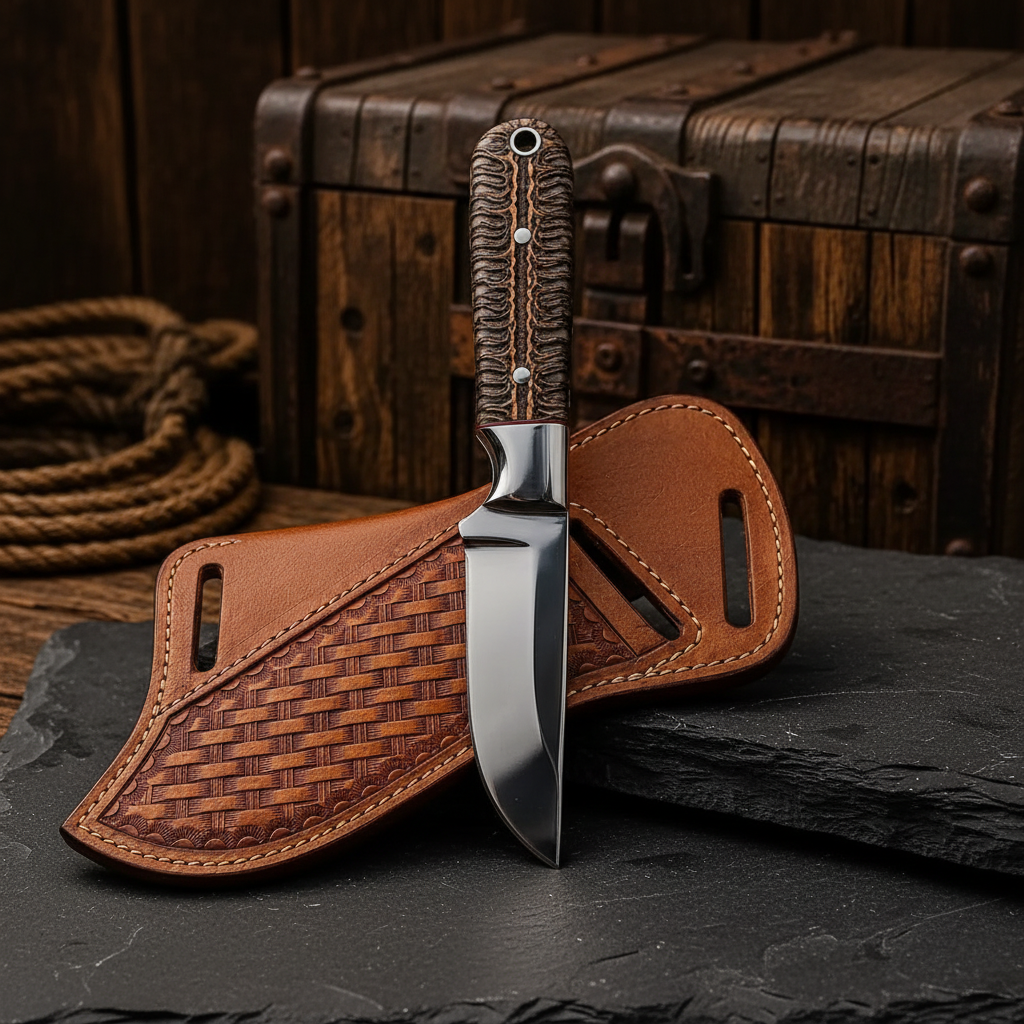 Handmade skinner knife braided cord handle vertical dark slate background luxury shot tan crossdraw sheath