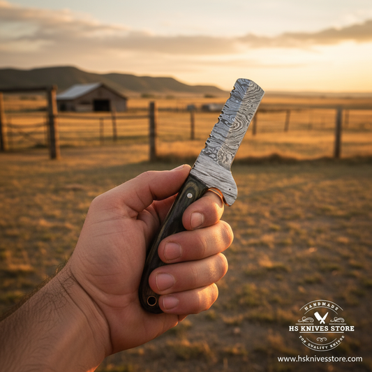 One hand gripping Damascus bull cutter cowboy knife with dark pakkawood handle in outdoor ranch golden hour lifestyle shot