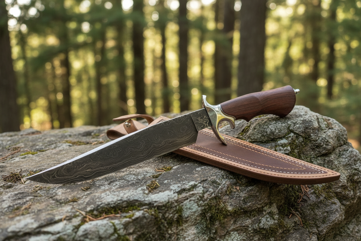 Handmade Damascus Bowie knife with rosewood handle lying on outdoor rocks with forest background natural light photography