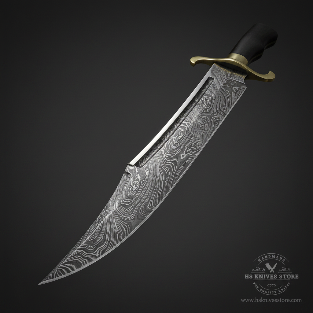 Close-up macro of Damascus steel Bowie knife blade showing swirling layered Damascus pattern and fuller groove