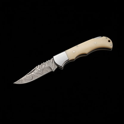 Damascus folding pocket knife white bone handle left side profile view open blade